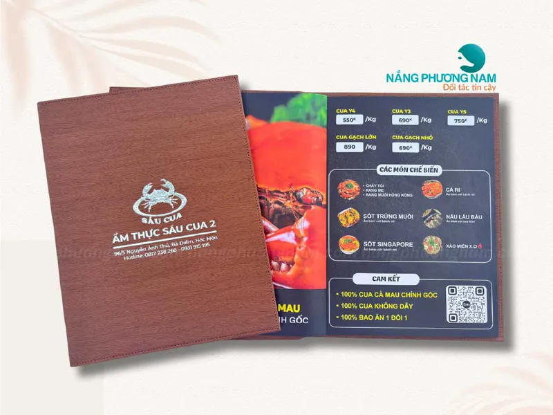In menu bìa da, thực đơn da - Nhà hàng ẩm thực Sáu Cua
