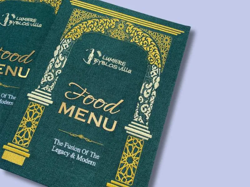 Bìa menu vải logo thêu Lumiere Byblos Villa