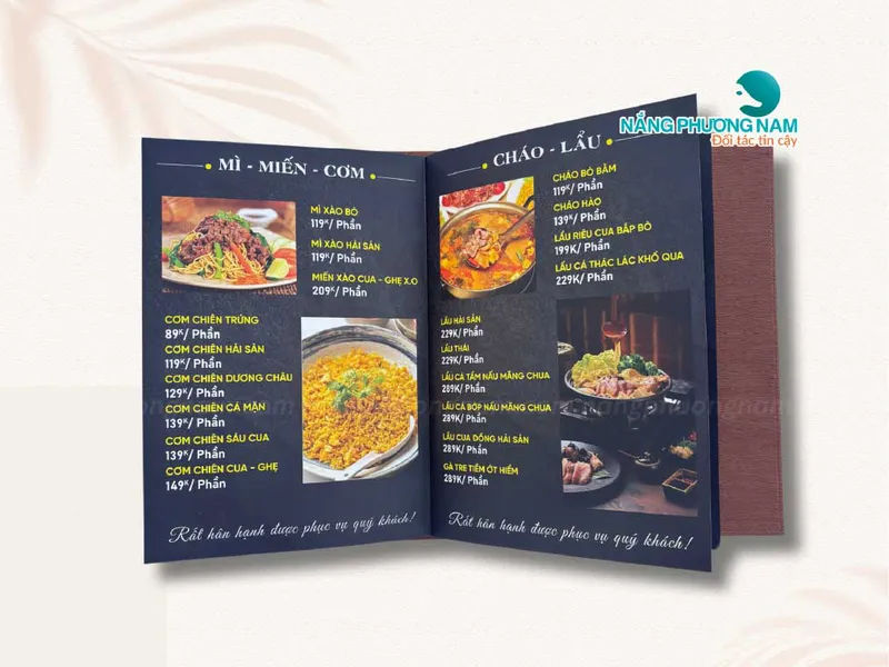 In menu bìa da, thực đơn da - Nhà hàng ẩm thực Sáu Cua