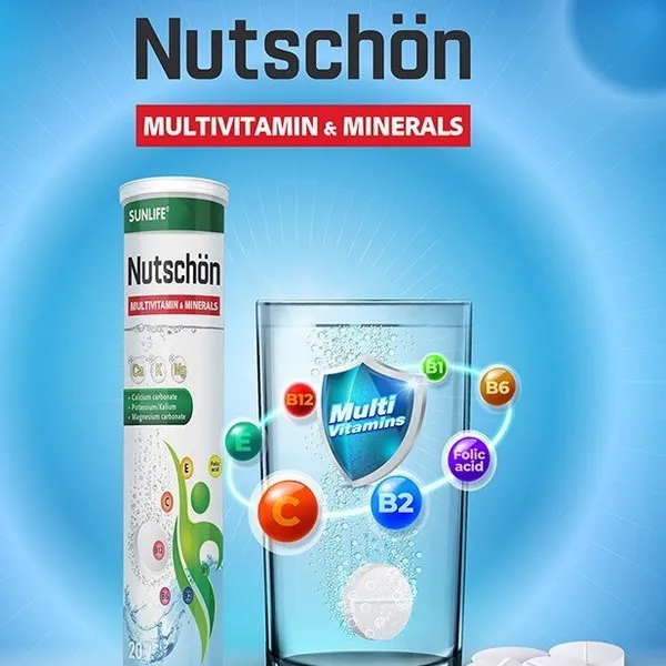 Thực phẩm bảo vệ sức khỏe Viên sủi vitamin và khoáng chất tổng hợp Nutschön Multivitamin & Minerals effervescent tablets  nhập khẩu từ Germany, tuýp 20 viên.  Thực phẩm bảo vệ sức khỏe Viên sủi vitamin và khoáng chất tổng hợp Nutschön Multivitamin & Minerals effervescent tablets  nhập khẩu từ Germany, tuýp 20 viên.