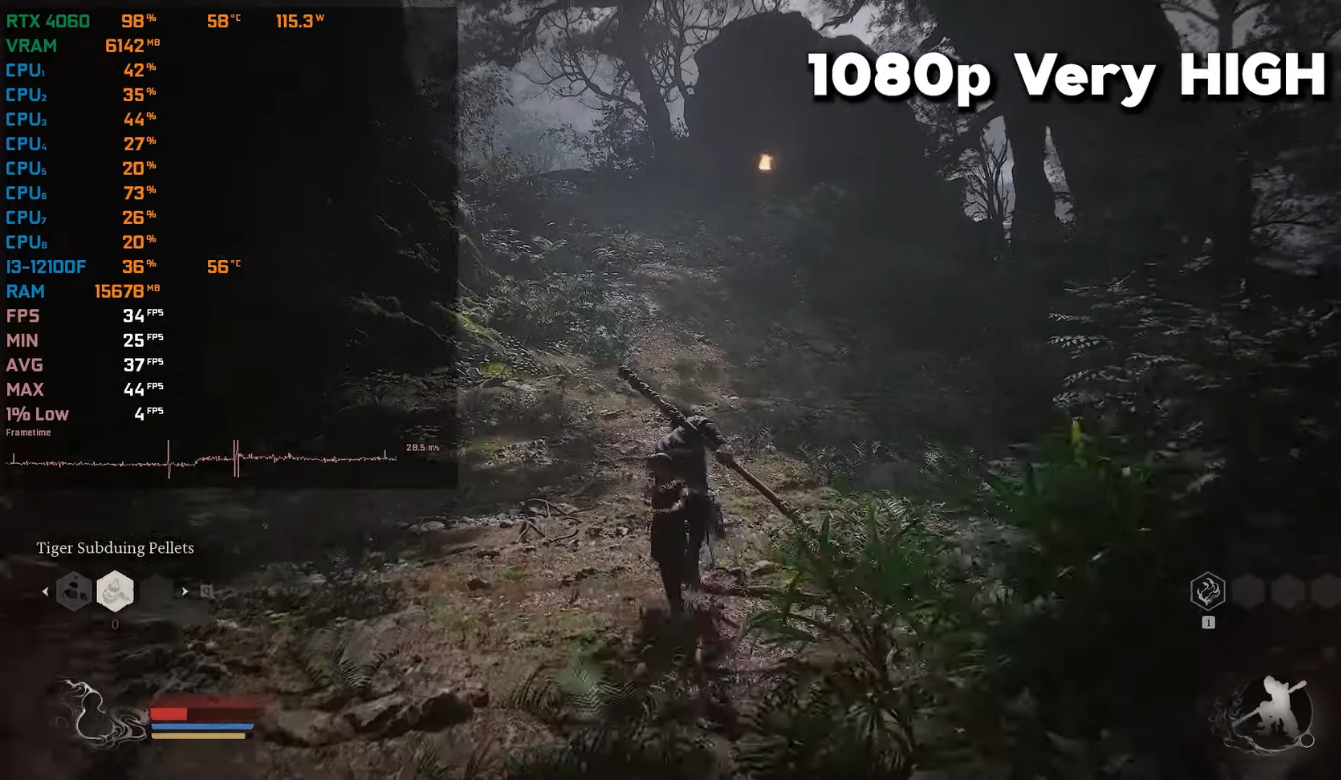 i3 12100f rtx 4060 black myth wukong 1080 very high 37 fps