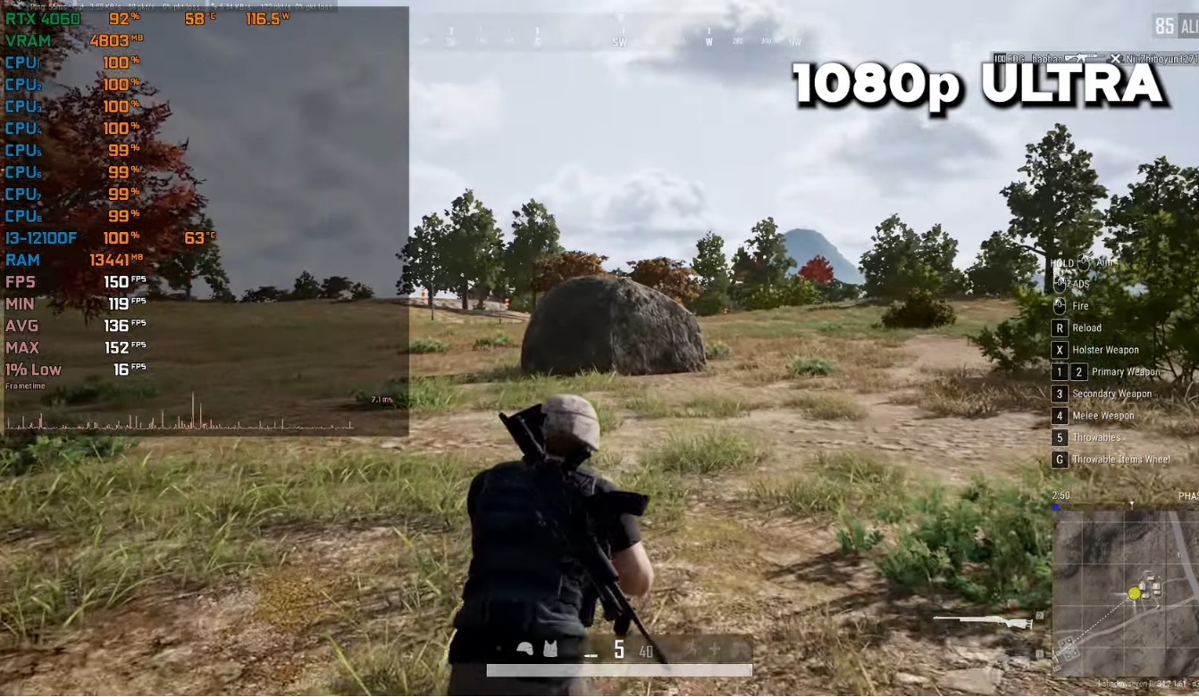 i3 12100f rtx 4060 pubg 1080 ultra 130 fps