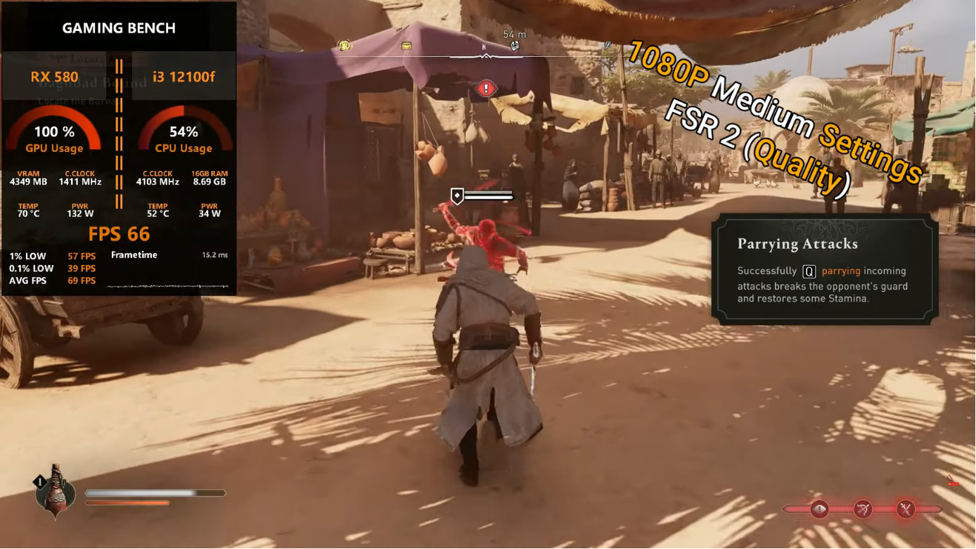 i3 12100f rx 580 8g assassins creed mirage 1080 medium setting fsr on