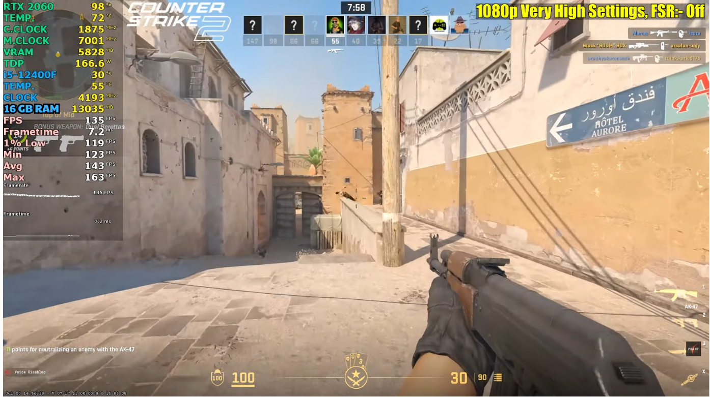 i5 1200f rtx 2060 counter strike 2 1080p very high setting