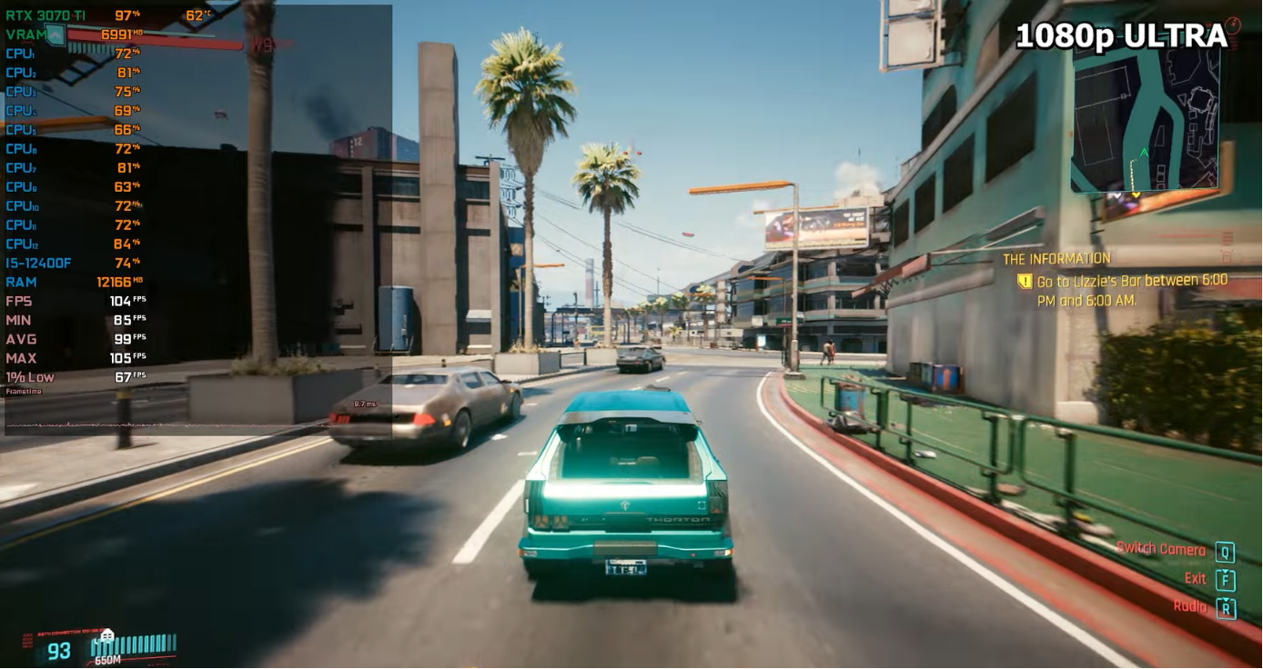 i5 12400f va rtx 3070 ti cyperbunk 2077 utra setting