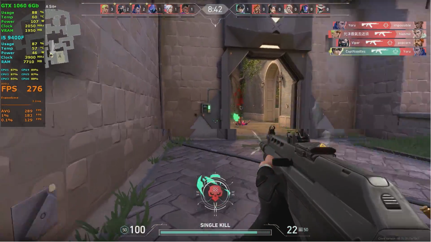 i5 9400f gtx 1060 6g valorant 1080 high 280 fps