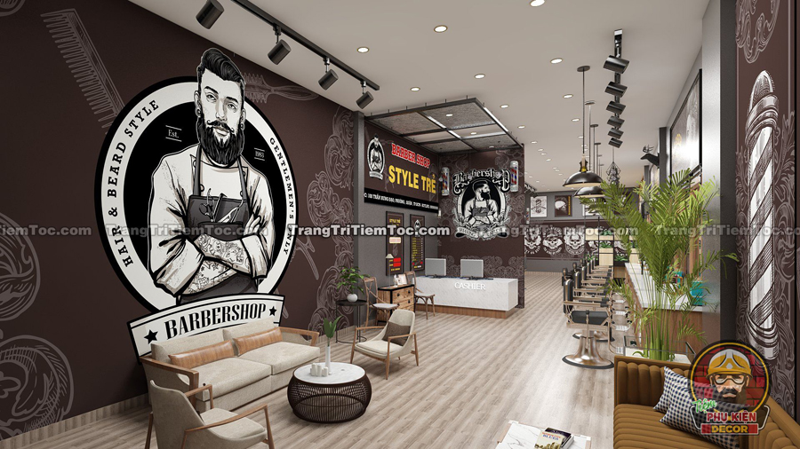 Tổng thể thiết kế nội thất Tiệm Tóc Nam nhỏ đẹp, kiểu Barber Châu Âu Tổng thể thiết kế nội thất Tiệm Tóc Nam nhỏ đẹp, kiểu Barber Châu Âu