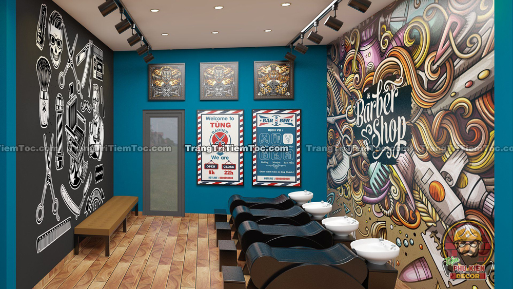Thiết kế khu vực gội đầu sử dụng các bức tranh dán tường khổ lớn độc lạ Thiết kế khu vực gội đầu sử dụng các bức tranh dán tường khổ lớn độc lạ