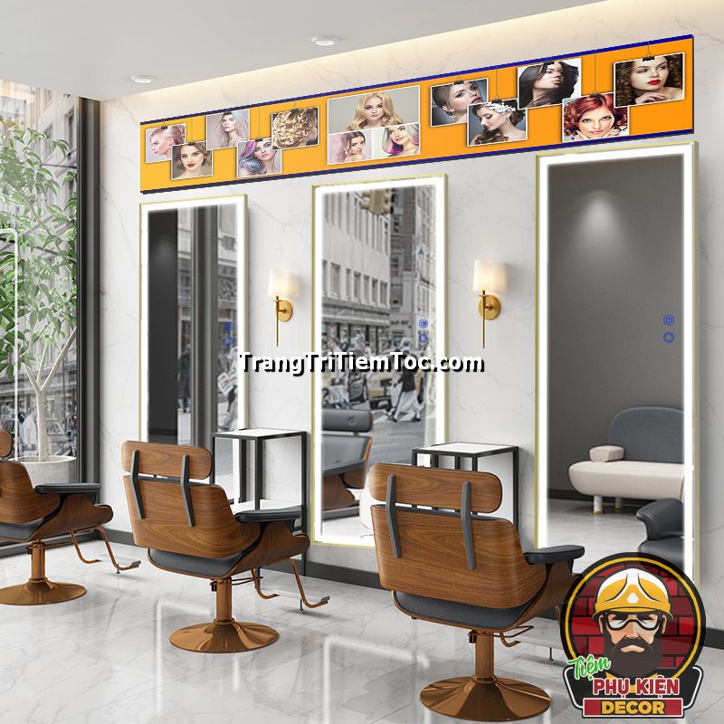Tranh decal Dán kính Tiệm Tóc Nữ kết hợp với tranh treo Salon Tóc Nữ