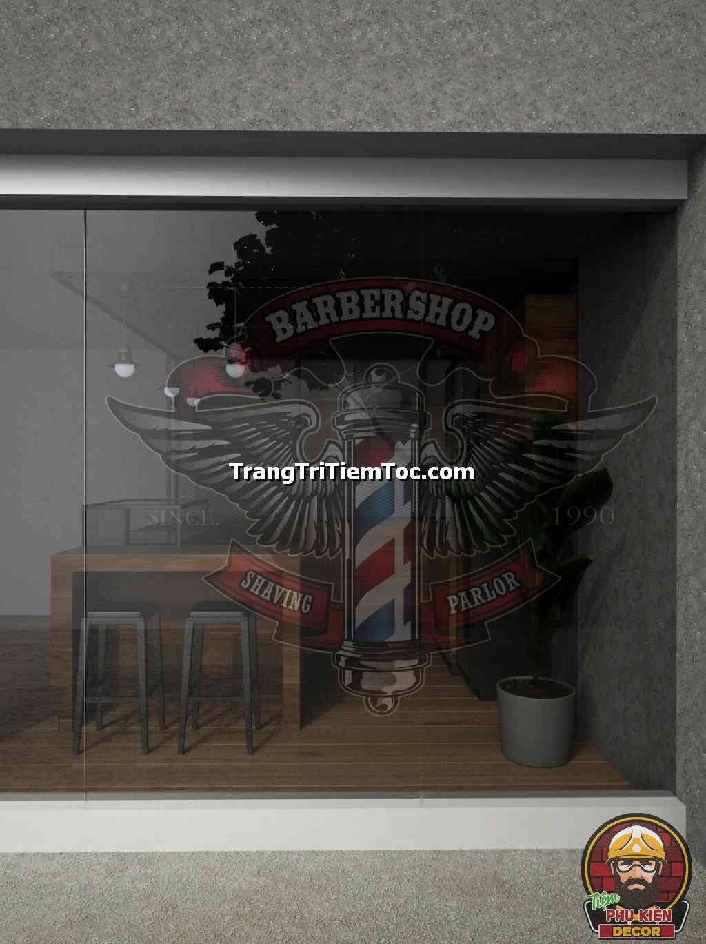 Decal dán kính trang trí Salon tóc Nam Decal dán kính trang trí Salon tóc Nam