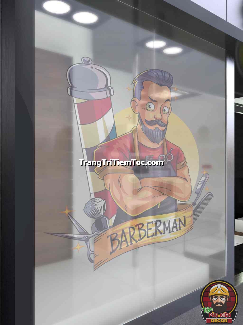 Mẫu decal dán kính trang trí tiệm tóc Nam ấn tượng Mẫu decal dán kính trang trí tiệm tóc Nam ấn tượng