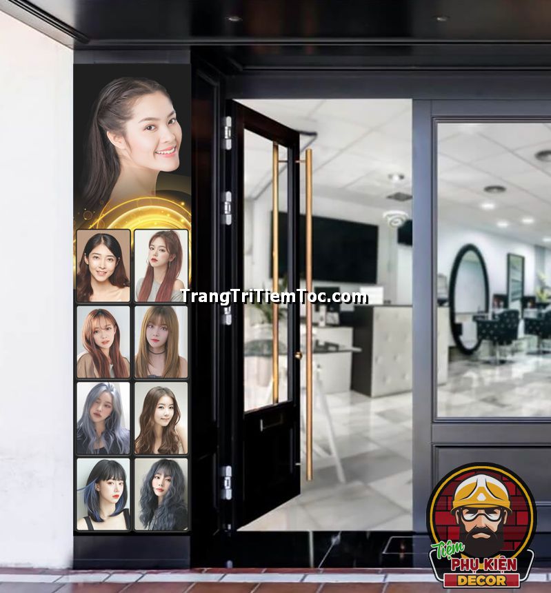 Decal dán tường, dán kính khổ dọc trang trí salon tóc nữ ấn tượng