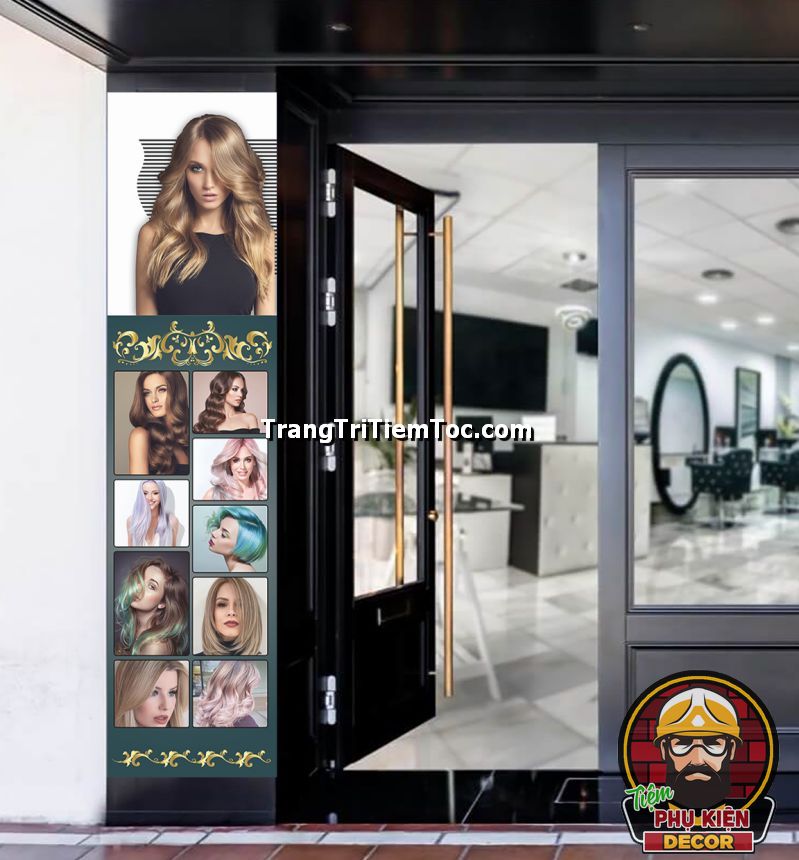 Decal dán tường, dán kính khổ dọc trang trí salon tóc nữ ấn tượng