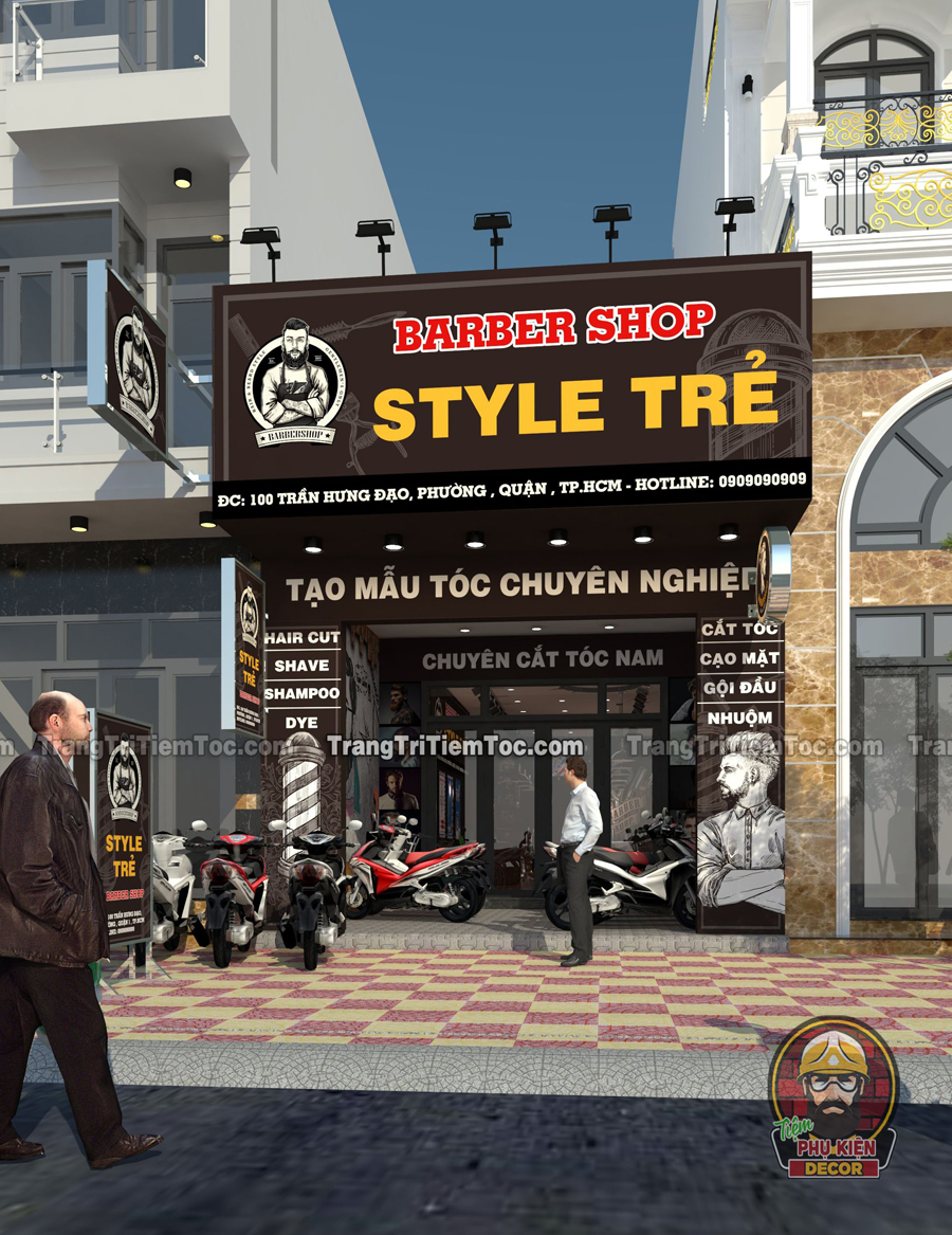 Góc view mặt tiền Tiệm Tóc Barber Góc view mặt tiền Tiệm Tóc Barber