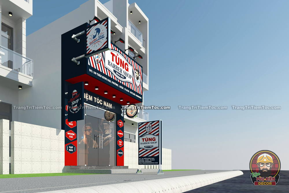 Mẫu thiết kế Tiệm tóc có mặt tiền đơn giản nhưng chỉnh chu trong từng đường nét, cách phối màu hiện đại Mẫu thiết kế Tiệm tóc có mặt tiền đơn giản nhưng chỉnh chu trong từng đường nét, cách phối màu hiện đại