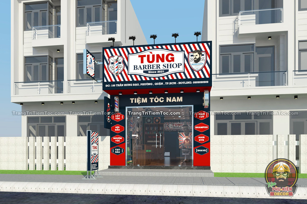 Mẫu thiết kế Bảng hiệu Barber Shop nổi bật với 3 tone màu : Xanh - Đỏ - Trắng Mẫu thiết kế Bảng hiệu Barber Shop nổi bật với 3 tone màu : Xanh - Đỏ - Trắng
