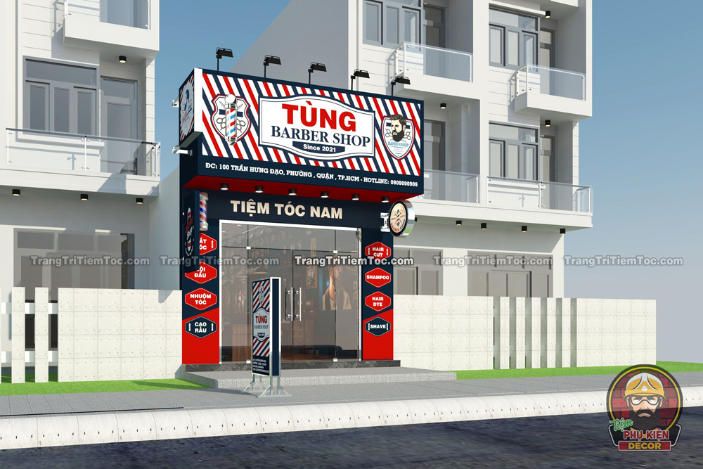 Mẫu thiết kế Tiệm tóc đơn giản, decor mặt tiền hiện đại theo 3 tone màu chủ đạo của ngành Barber Mẫu thiết kế Tiệm tóc đơn giản, decor mặt tiền hiện đại theo 3 tone màu chủ đạo của ngành Barber