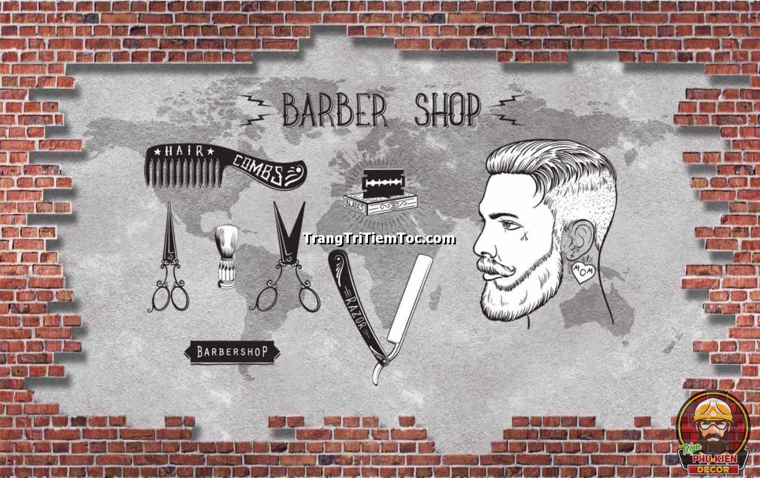 Mẫu tranh dán tường 3D trang trí Tiệm cắt tóc Nam đẹp