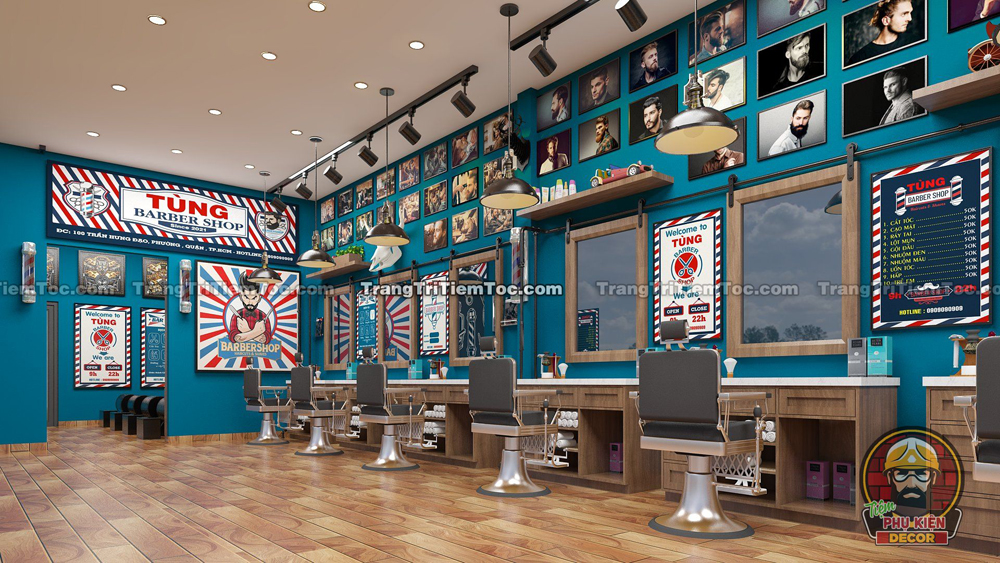 Nội thất khu vực cắt tóc ưu tiên toàn bộ không gian thao tác cho Thợ, trang trí Tường sinh động giúp tăng tính trải nghiệm cho Khách hàng Nội thất khu vực cắt tóc ưu tiên toàn bộ không gian thao tác cho Thợ, trang trí Tường sinh động giúp tăng tính trải nghiệm cho Khách hàng