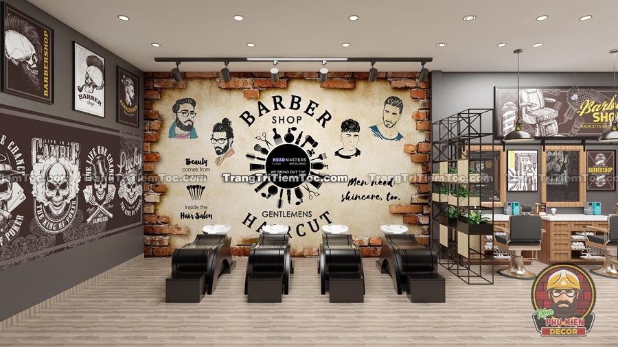 Khu vực gội đầu được ngăn cách với khu vực Hớt tóc bằng khung sắt hộp + gỗ Khu vực gội đầu được ngăn cách với khu vực Hớt tóc bằng khung sắt hộp + gỗ