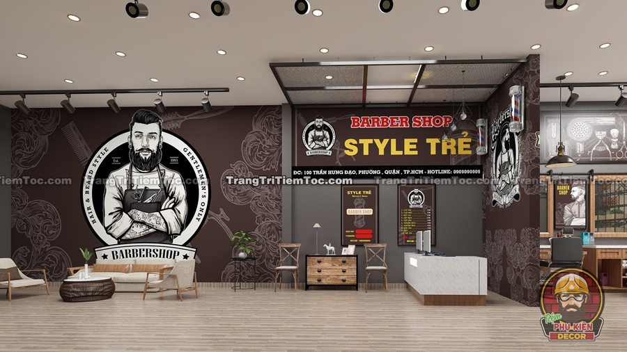 Tổng thể thiết kế nội thất Tiệm Tóc Nam nhỏ đẹp, kiểu Barber Châu Âu Tổng thể thiết kế nội thất Tiệm Tóc Nam nhỏ đẹp, kiểu Barber Châu Âu