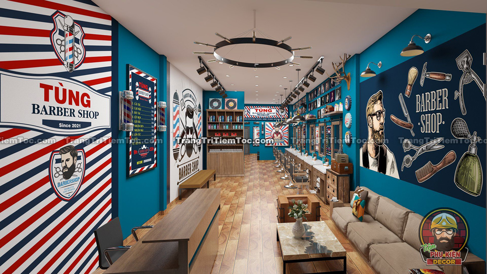 Tổng thể nội thất mô hình Tiệm Tóc barber sử dụng tone màu xanh chủ đạo, tạo nên sự đơn giản và hiện đại Tổng thể nội thất mô hình Tiệm Tóc barber sử dụng tone màu xanh chủ đạo, tạo nên sự đơn giản và hiện đại