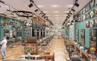 Mẫu thiết kế tiệm tóc nam Barber Shop đẹp, mặt tiền 6-7m, đơn giản nhưng ấn tượng