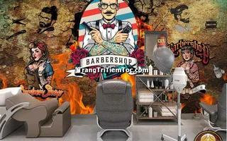 Tranh dán tường barber shop decor tiệm tóc Nam hút khách