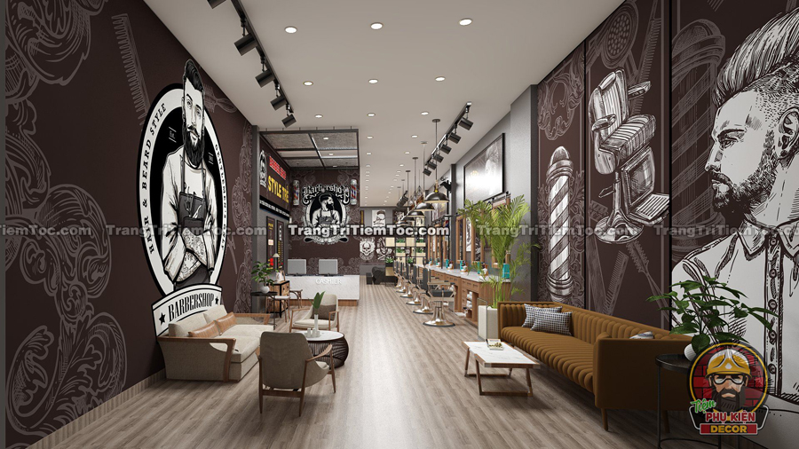 Tổng thể nội thất Không gian Tiệm Tóc Nam sử dụng tone màu xám đen, mạnh mẽ và nam tính Tổng thể nội thất Không gian Tiệm Tóc Nam sử dụng tone màu xám đen, mạnh mẽ và nam tính