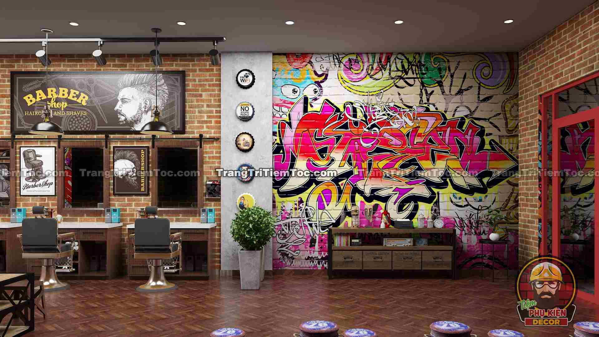 Trang trí Barber Shop, Tiệm tóc nam đẹp bằng tranh dán tường phong cách Graffiti