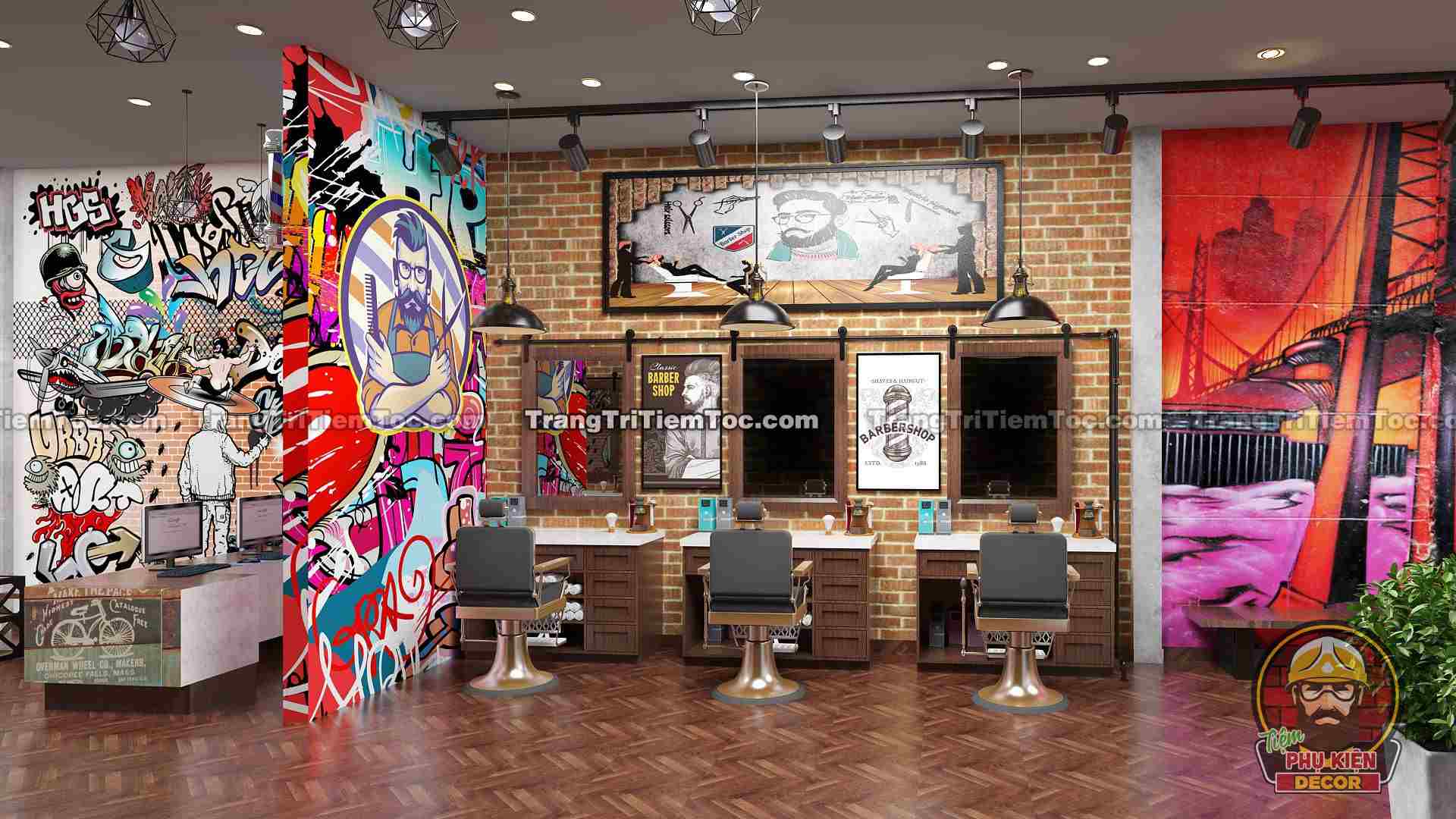 Trang trí Barber Shop tiệm tóc nam phong cách Graffiti Trang trí Barber Shop tiệm tóc nam phong cách Graffiti