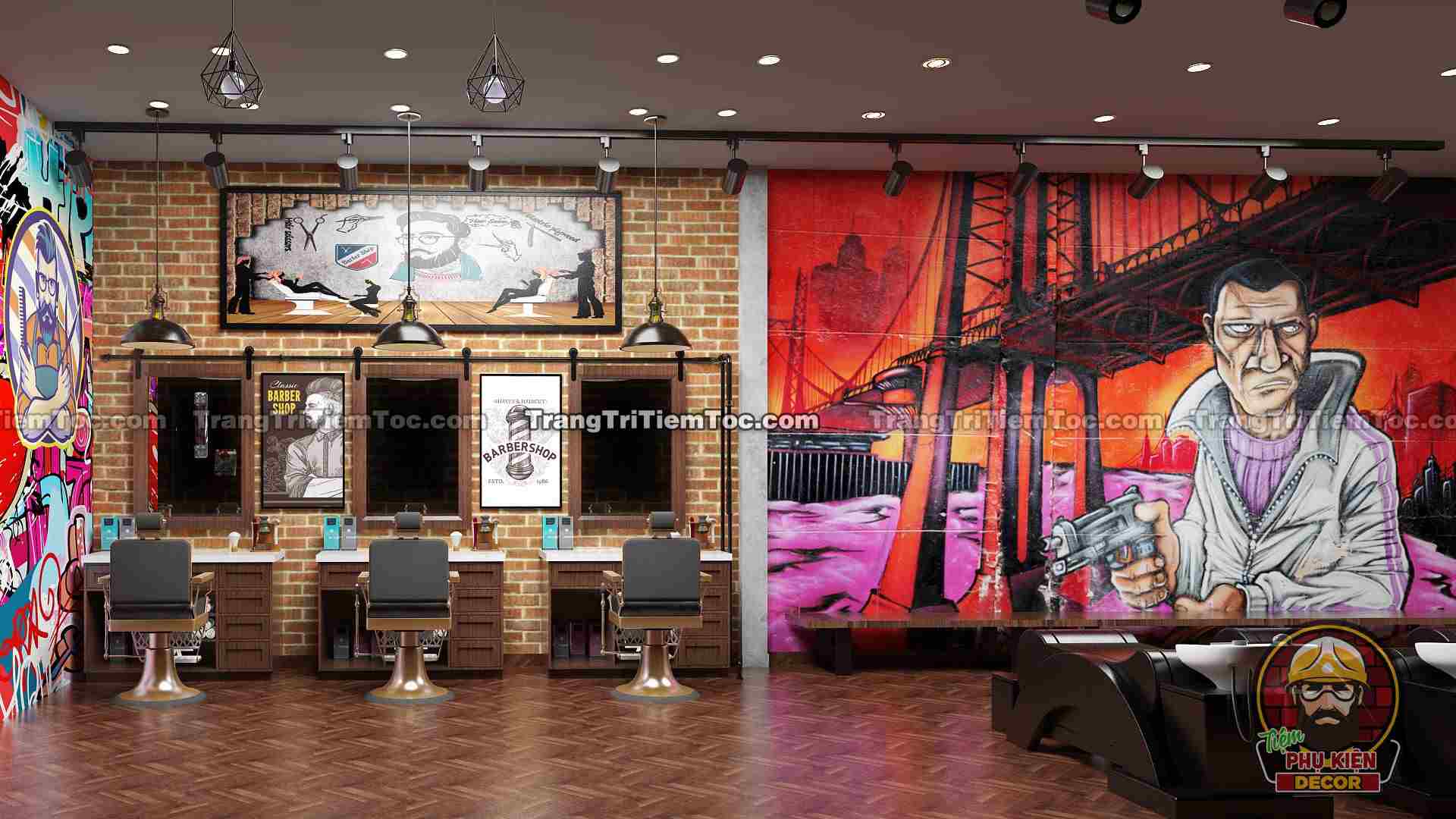 Trang trí Barber Shop tiệm tóc nam phong cách Graffiti Trang trí Barber Shop tiệm tóc nam phong cách Graffiti