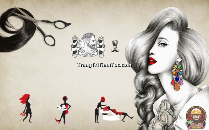 Tranh dán tường trang trí tiệm tóc nữ thể hiện sự gần gũi Tranh dán tường trang trí tiệm tóc nữ thể hiện sự gần gũi