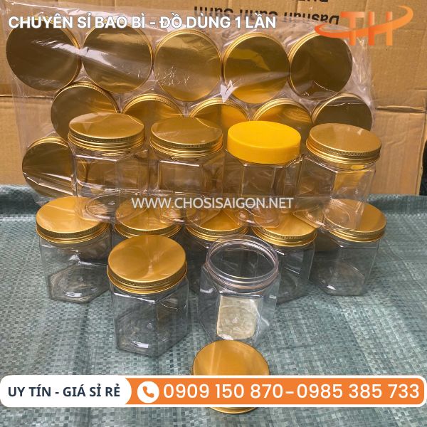 Hũ nhựa PET lục giác nắp nhôm vàng sang trọng