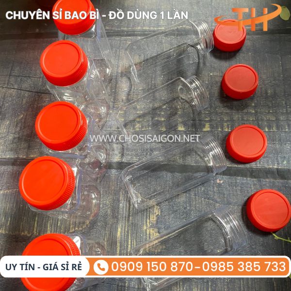 Hũ nhựa PET lục giác nắp nhựa đỏ đựng đồ ăn vặt