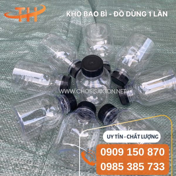Chai nhựa tròn lùn 330ml miệng rộng nắp đen giá rẻ nhất