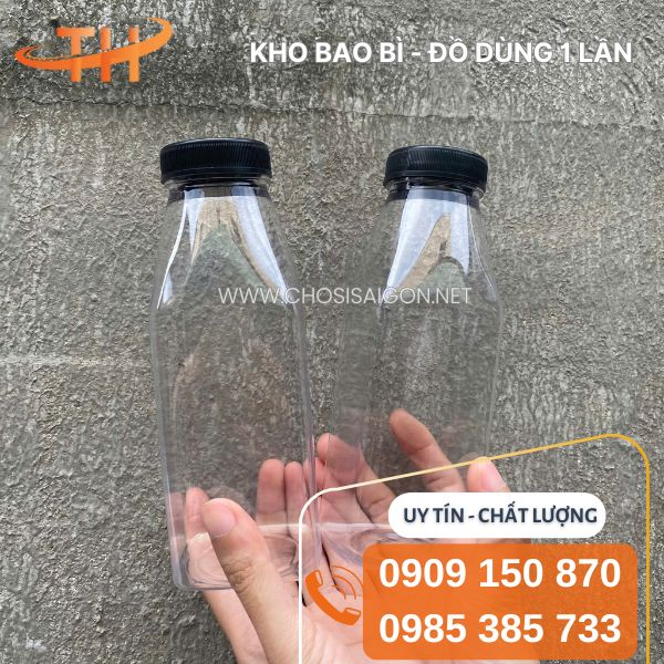 Chai nhựa vuông vát 330ml, miệng rộng, nắp đen bán sỉ