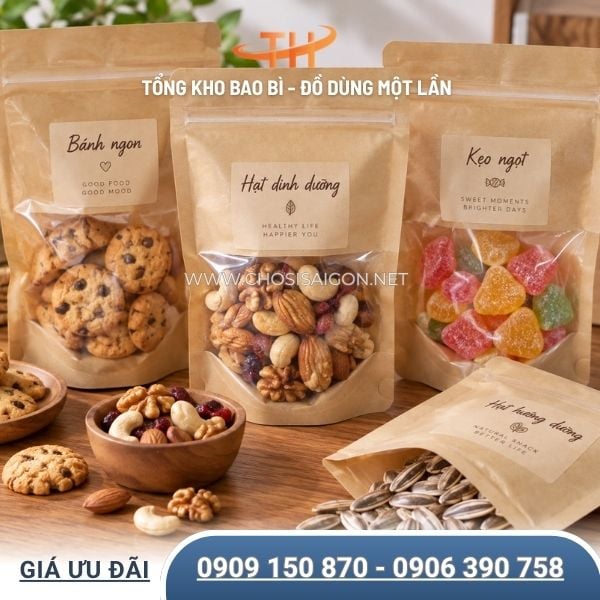 Túi zip giấy 1 mặt trong đựng hạt, bánh, kẹo, đồ khô