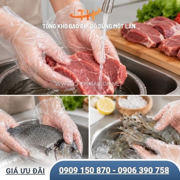 Bao tay nilon dùng trong trong sơ chế rau củ, thịt cá