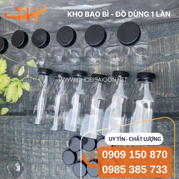 Chai nhựa PET vuông vát 330ml, miệng rộng, đẹp, sang sỉ rẻ
