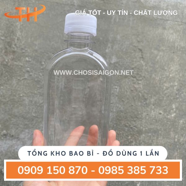 Chai nhựa nhỏ dẹp vai bầu 250ml nắp trắng