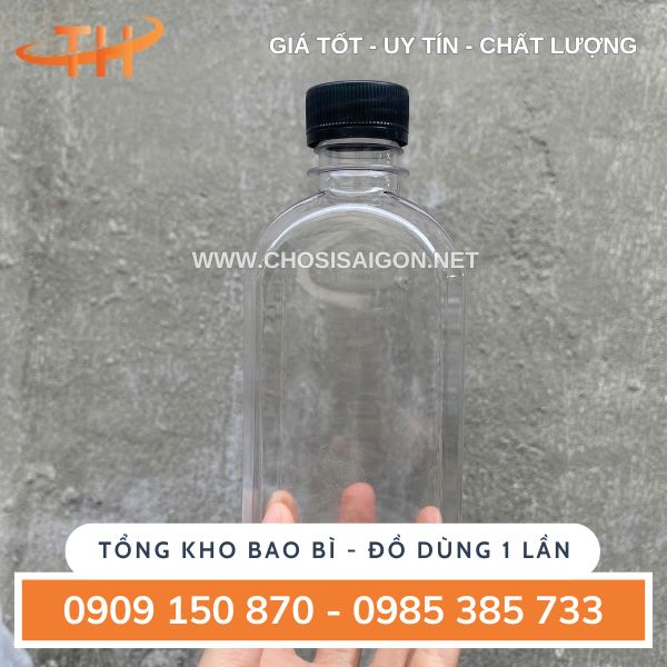 Chai nhựa dẹp vai bầu nắp đem 250ml