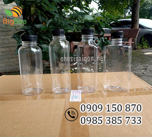 Chai nhựa tròn, vuông miệng rộng nắp đen 330ml giá rẻ