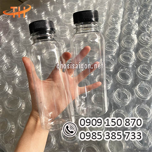Sỉ rẻ chai nhựa tròn miệng rộng 330ml nắp đen