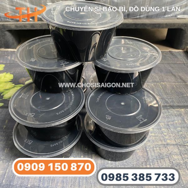 Tô nhựa tròn đen 750ml đựng thức ăn nóng sỉ rẻ