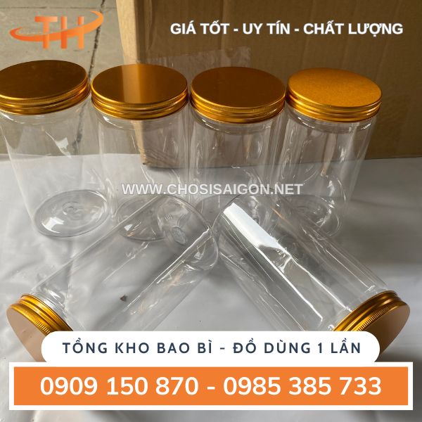 Hũ nhựa pet 1000ml (1 lít) nắp nhôm vàng cao cấp