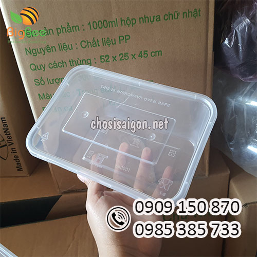 Hộp nhựa chữ nhật trắng có nắp 1000ml giá rẻ