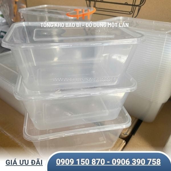 Hộp nhựa chữ nhật trắng có nắp 750ml chịu nhiệt tốt giá rẻ