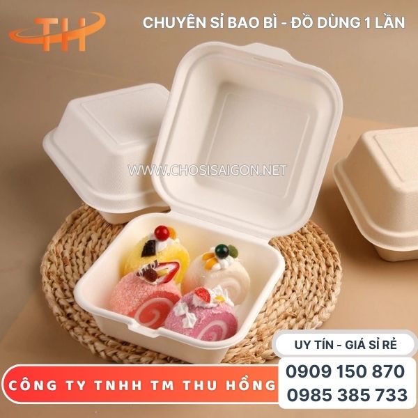 Hộp bã mía 1 ngăn đựng bánh ngọt, bánh kem giá rẻ