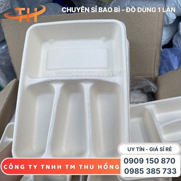 Hộp bã mía 4 ngăn đựng suất cơm, bún đậu giá rẻ